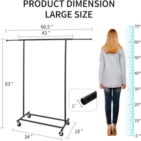 Heavy Duty Standard Rod Clothing Metal Garment Rack, Matte Dark Black - Picture 3 of 6